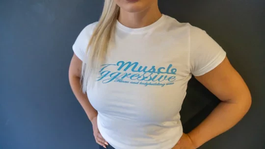 Dámske Fitness triko – Blue logo – Muscle Aggressive